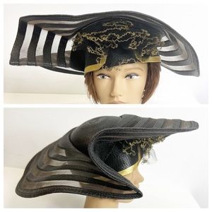 Vintage hat black with tulle mesh gold accents